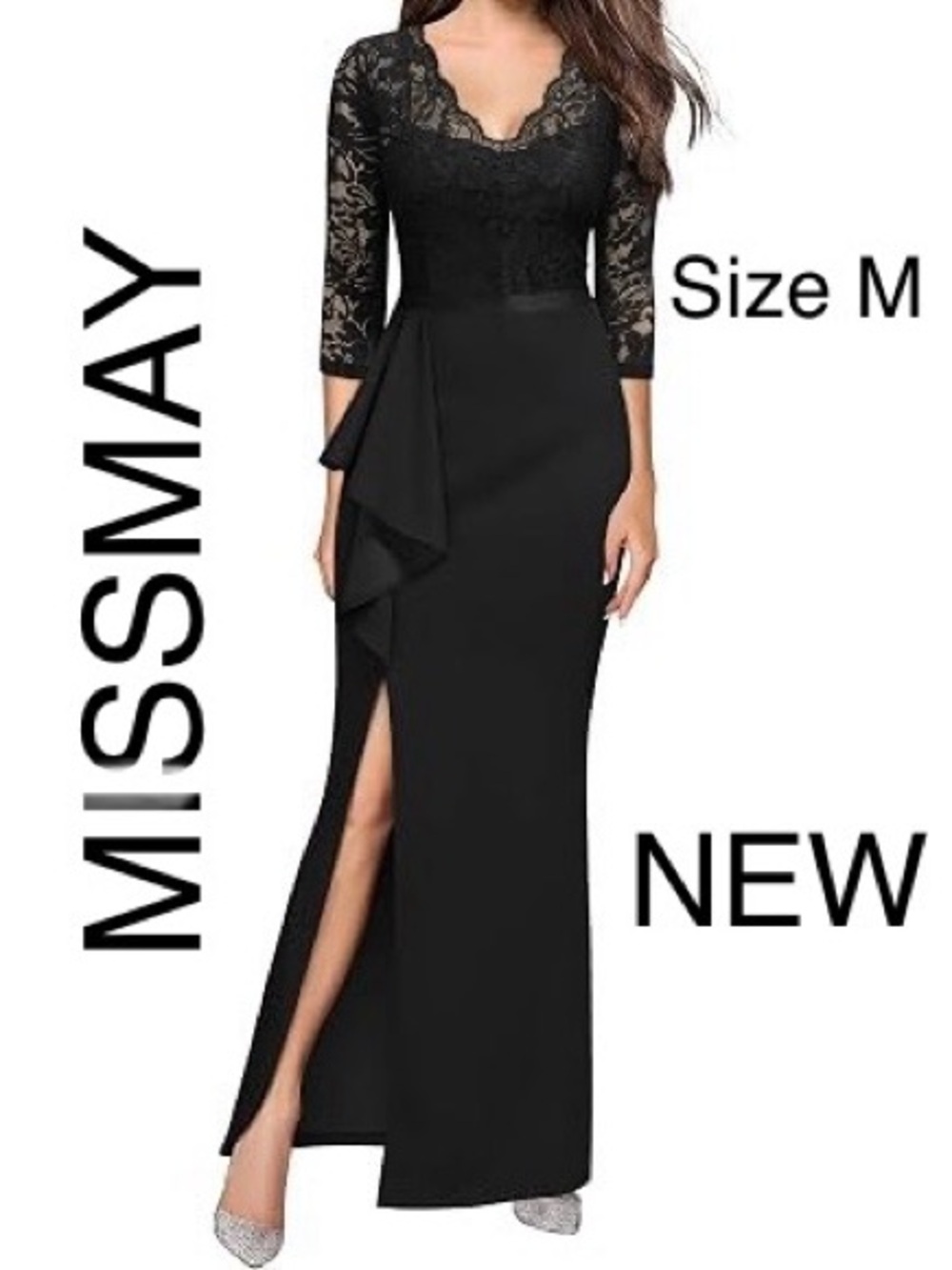 Black Lace Sleeve Evening Gown Godet Formal Maxi Dress Special Occasions